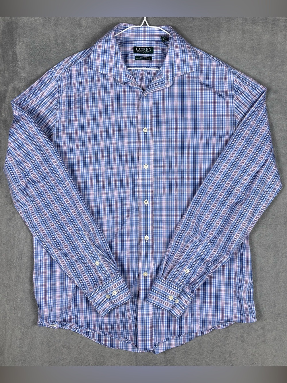 Lauren Ralph Lauren Men 16.5 36/37 L Performance Stretch Plaid Button Shirt Blue